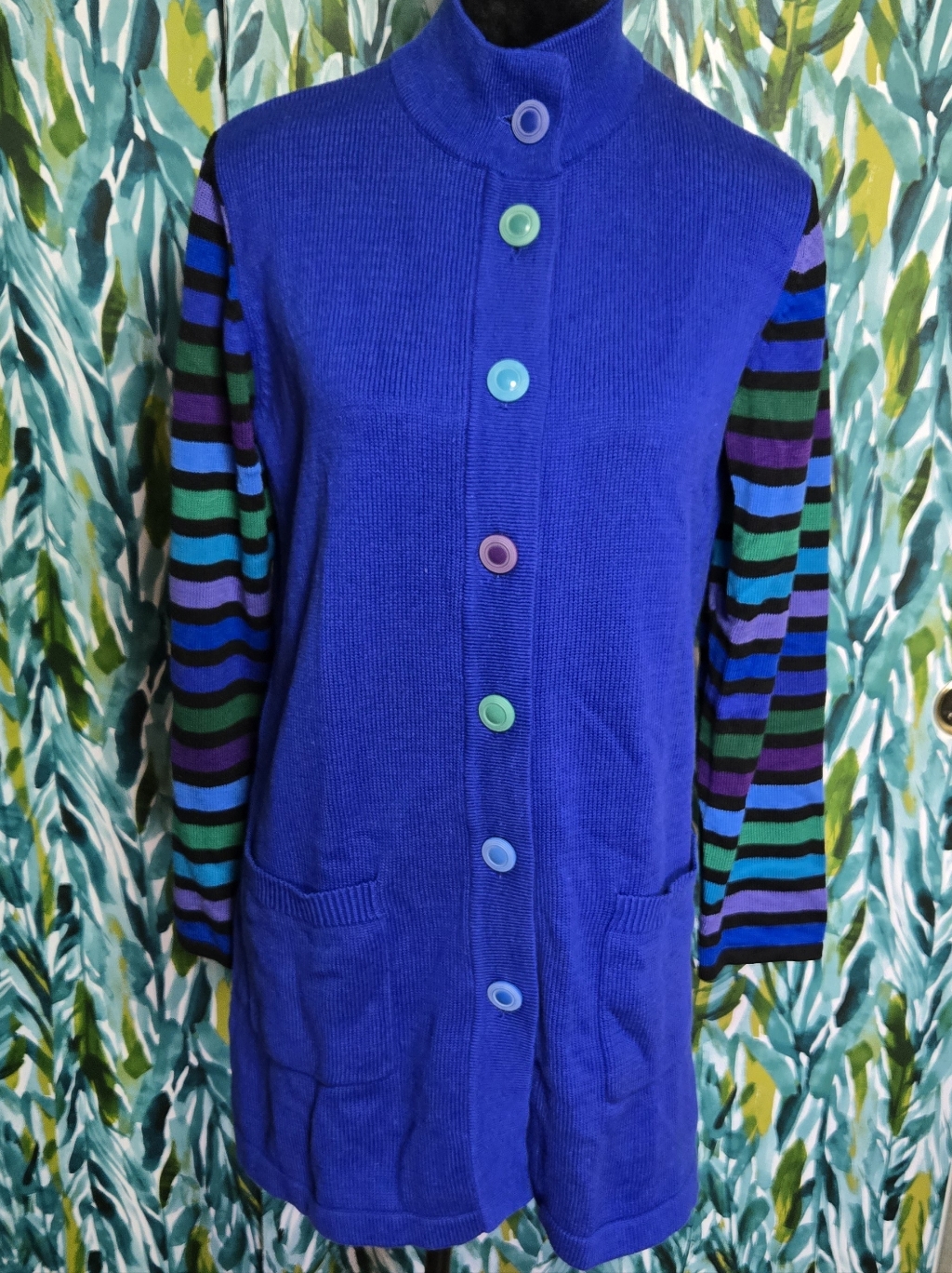 Nwt Bob Mackie Wearable Art Blue Striped Cardigan